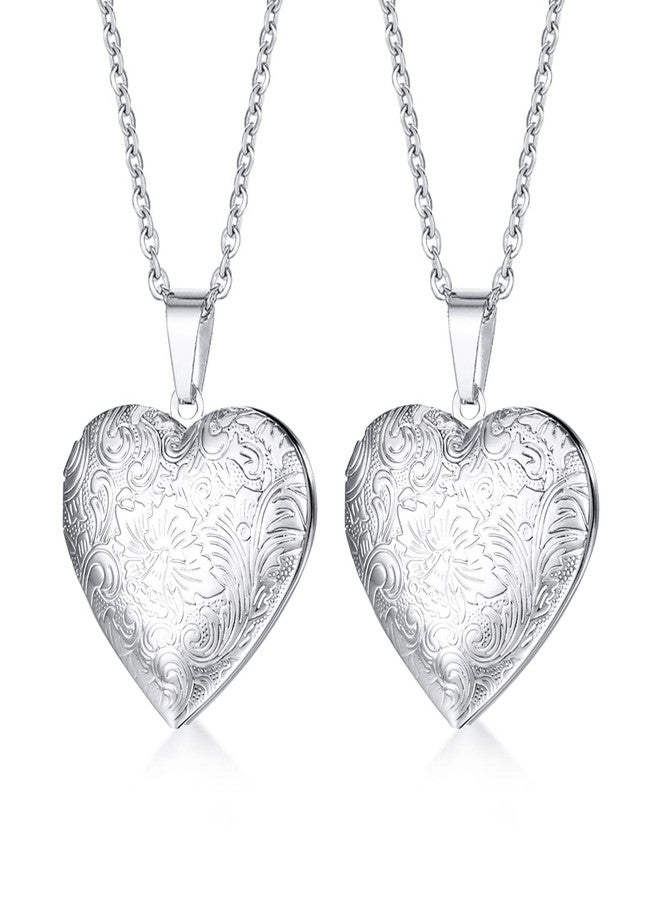 Weenkeey 2 Pcs Love Heart Locket Necklace that Holds Pictures Stainless Steel Heart Shaped Locket Pendant Necklace Memory Photo Pendant Necklace for Women - Style 5 Silver - Image 1